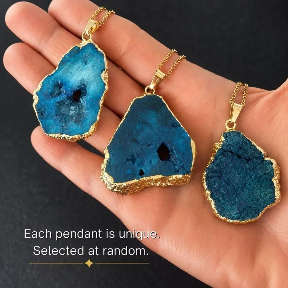 Raw Blue Agate Pendant Necklace Gold Tone Freeform Quartz Short Chain